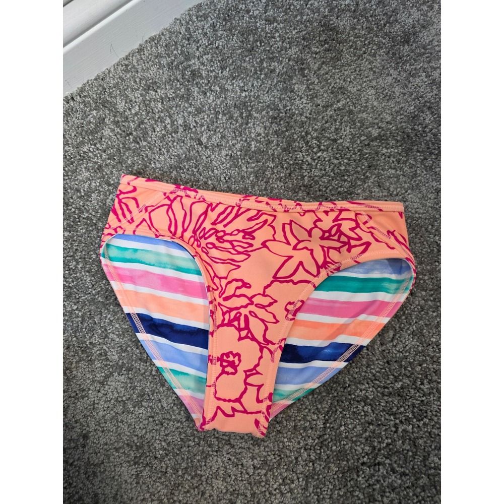 Athleta Girl Reversible Swim Bikini Bottoms Orange Floral Stripe Kids Size S 7